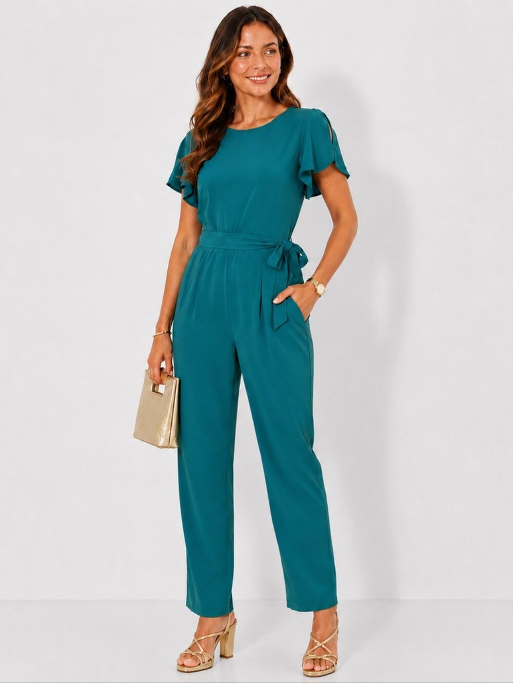 Calvin Klein Emerald Green Flutter Sleeve Belted Jumpsuit Women’s Size 10 NWT.